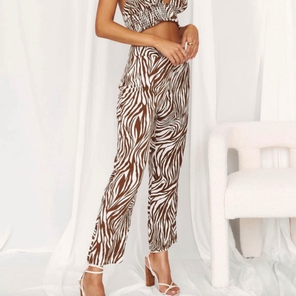 12th Tribe Mid Rise Straight Leg Ankle Trousers Pants Cream Brown Zebra Size S